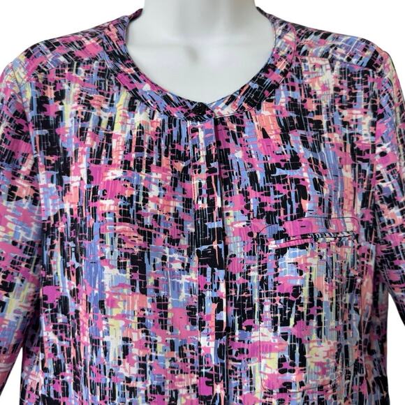 NYDJ 3/4 Sleeve Printed Pintucked Back Blouse Multicolor Stained Glass Print Med - Picture 3 of 10